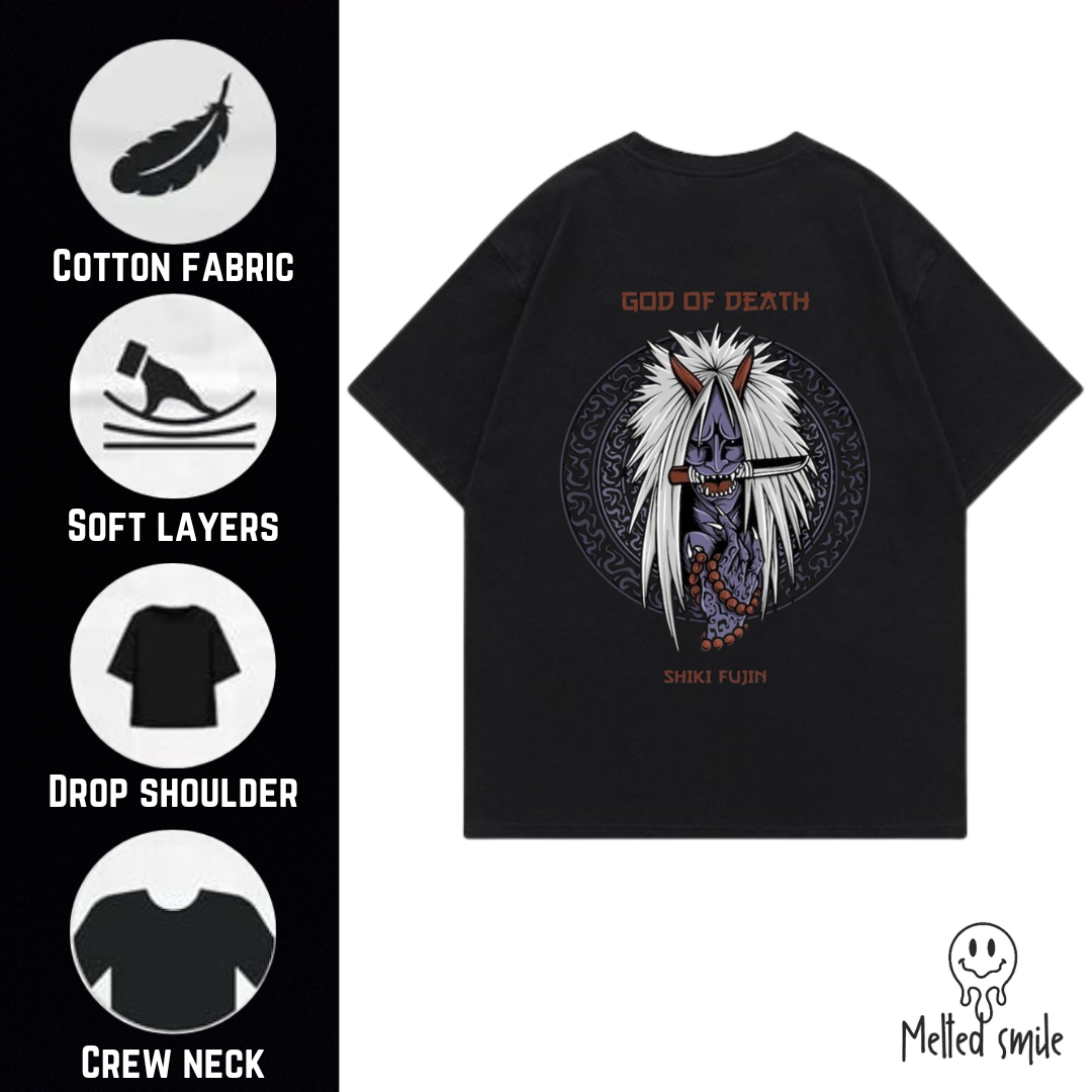 God Of Death Shiki Fujin Printed Unisex Oversized Classic T-Shirt By MeltedSmile Unisex Oversized Tshirts 100% Cotton Regular Fit Graphic Printed Tshirt , Sizes S,M and L,XL